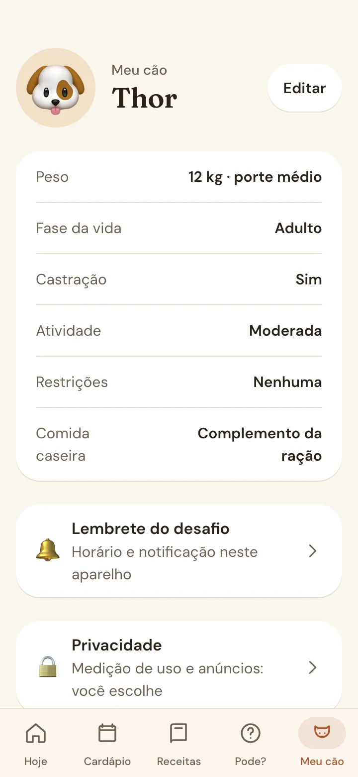 Tela do App Meu Pet Saudável com o perfil do cão: nome, peso, fase da vida e restrições