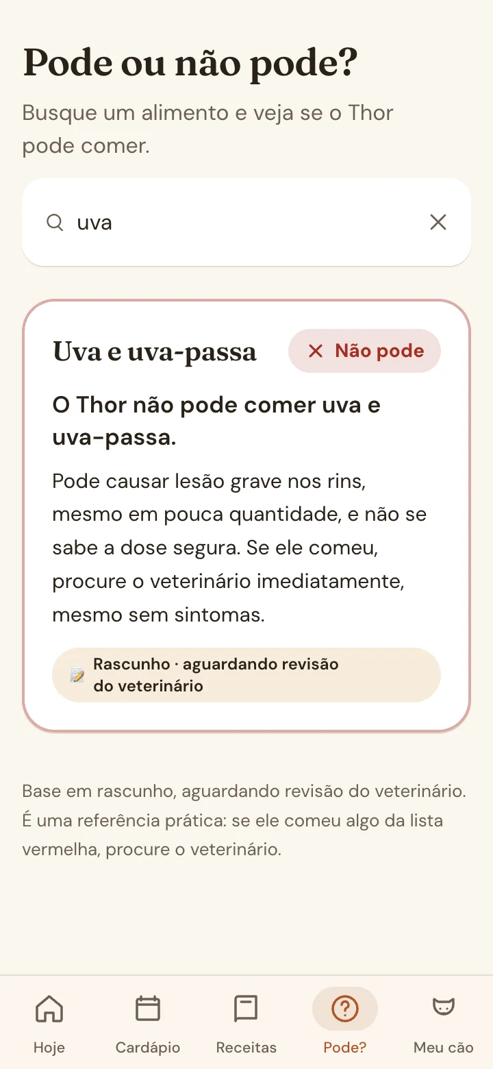 Tela "Pode ou não pode?" do App Meu Pet Saudável com o resultado em semáforo para um alimento