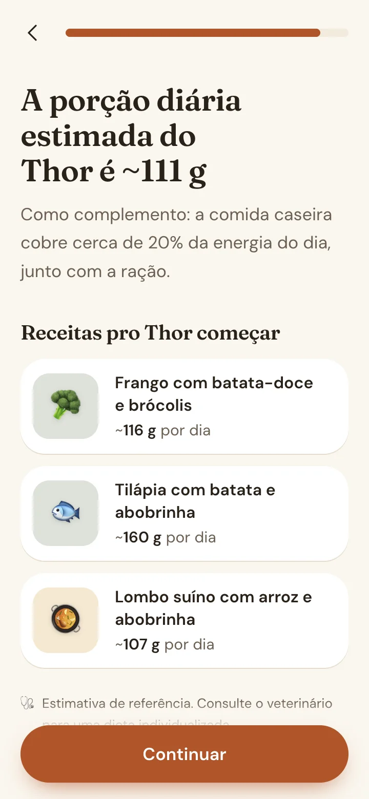 Tela do App Meu Pet Saudável mostrando a porção diária estimada em gramas
