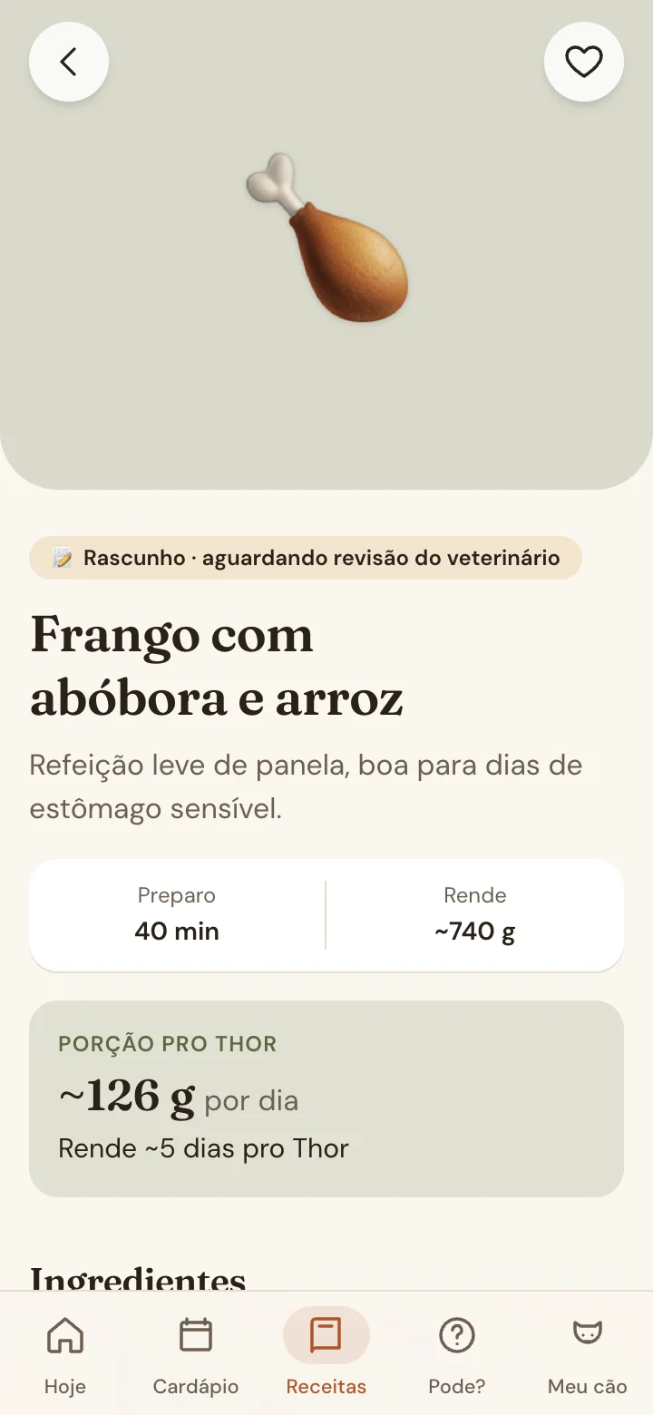 Tela de receita no App Meu Pet Saudável com a porção calculada para o cão