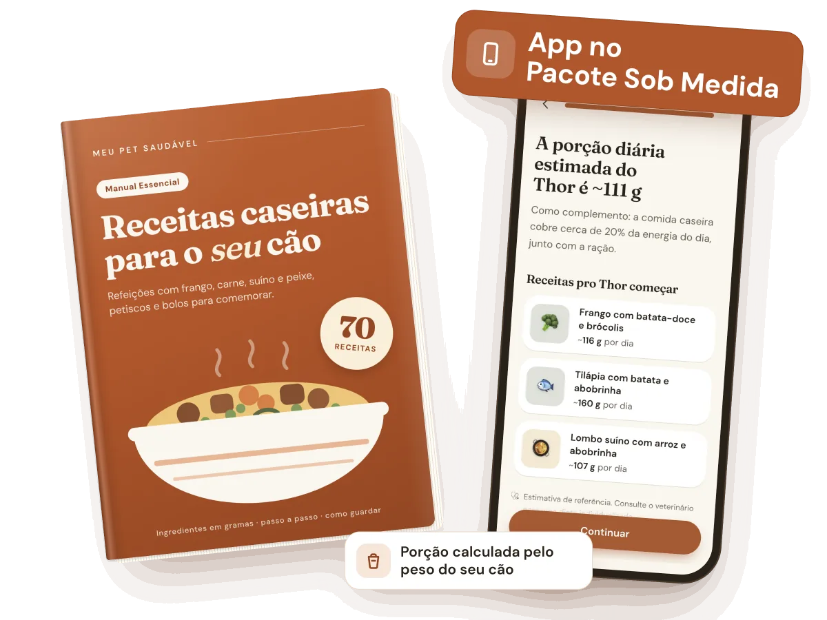 Capa do manual Meu Pet Saudável ao lado de um celular mostrando a porção diária no App Meu Pet Saudável